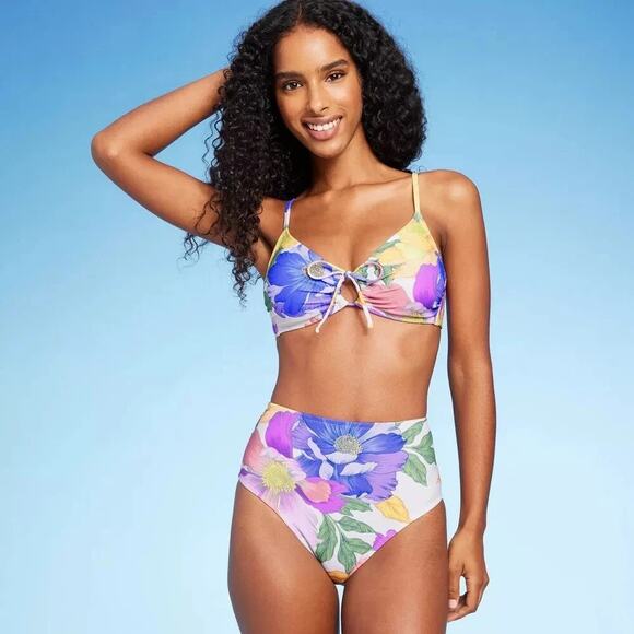 [Shade & Shore] Floral Print High Waist Cheeky Swim Bikini Top Bottom Set Sz XL - Picture 1 of 14